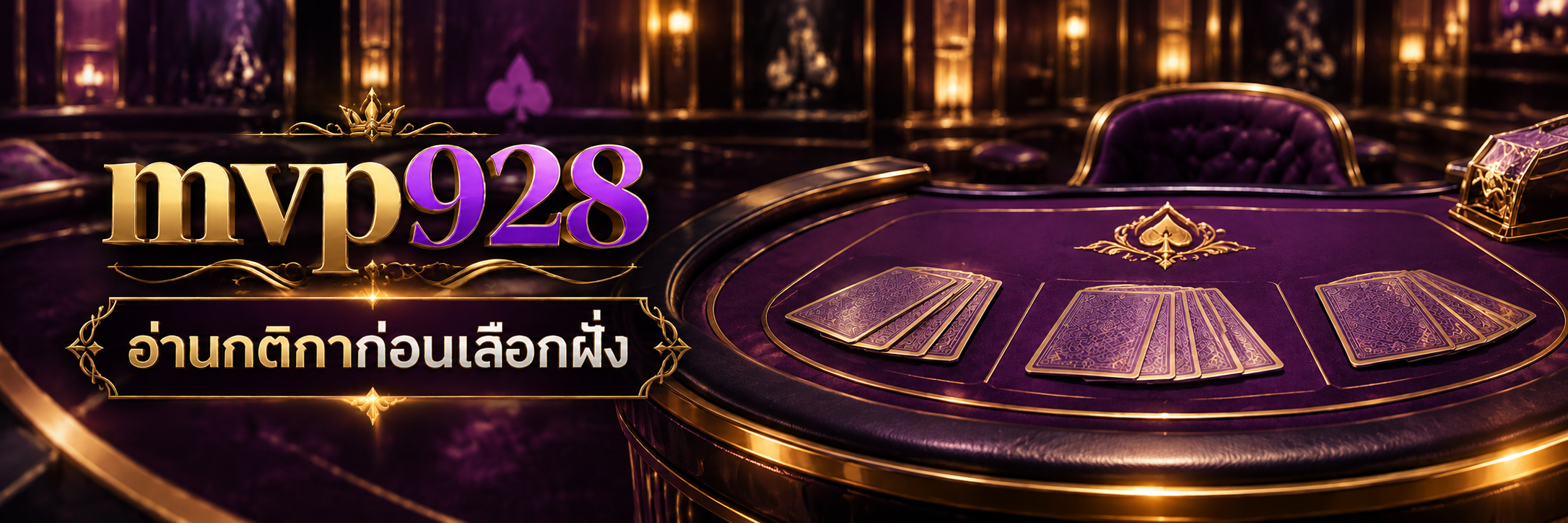 แท่นโต๊ะบาคาร่าโค้งและพัดไพ่คว่ำในฉากม่วงทองของ mvp928